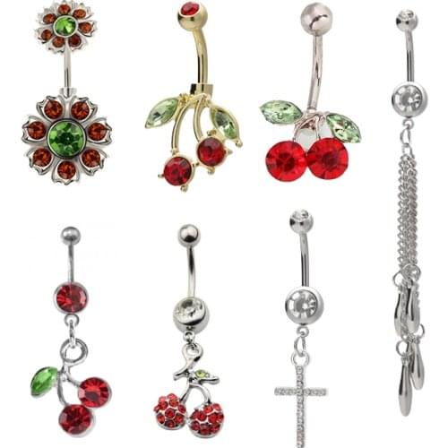 Dangle Cubic Zircon Cross Belly Piercing Rings Cherry Navel Button Rings Fruit Woman Ornaments Body Beautiful Chain Jewelry