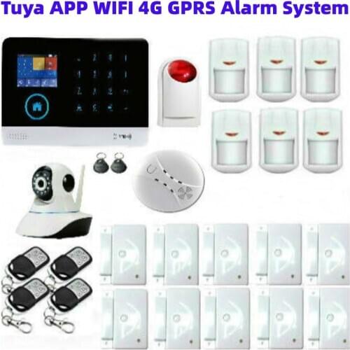 WiFi 4G SIM SMS Security Alarm System Tuya APP Control Spanish Russian Voice Smart Home WIFI 4G Burglar Alarm Video IP Camera