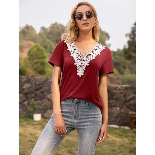 Sexy Deep V-neck Hollow Lace Stitching T-shirt Womens Top Loose Round Neck Contrast Short Sleeve Womens 2021 Womens Clothing
