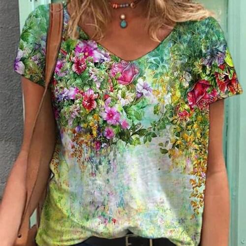 Women Flower Print T-Shirts Casual 3D Painting Graphic Tops Fashion Short Sleeve Y2K V Neck Female Tees Tshirts Plus Size 5XL