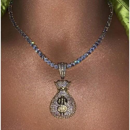 Full Micro Paved Cubic Zirconia CZ Iced Out Dollar Money Bag Pendant Hip Hop Women Necklace With Tennis Box Chain