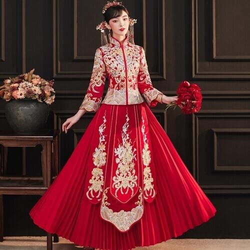 Embroidery Phoenix Dragon Chinese Wedding Dress Bride Traditional Banquet Classic Cheongsam China Qipao костюм для восточных