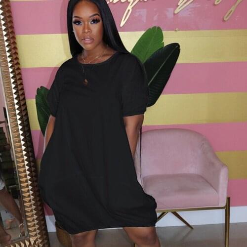 Loungewear Loose Casual Dress For Women O-neck Puff Summer T Shirt Dress Knee Length Solid Pockets Tunic Midi Day Dress Big Robe