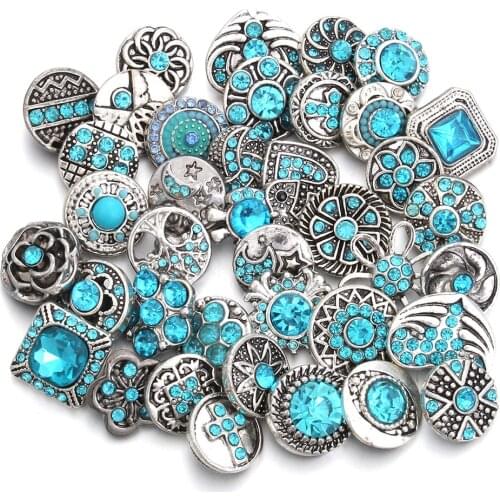 10pcs/lot Wholesale Snap Jewelry 12mm 18mm Snap Buttons Sky Blue Rhinestone Metal Flower Mini Snaps for Snap Bracelet Bangle