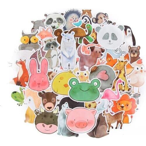50Pcs Watercolor Animal Vinyl Stickers for Laptop Hydro Flask Water Bottle Phone Luggage Refrigerator Helmet Decal for Kids Gift