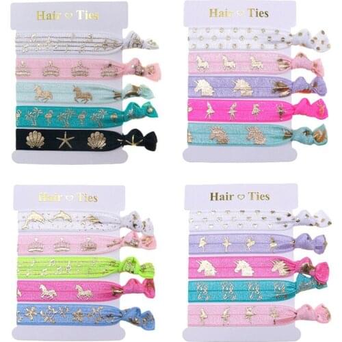 50cards/lot Colorful and Beautiful Gold Foil Fold Over Elastic Headband Printed FOE Knotted Hair Tie Ponytail Holders For Girls