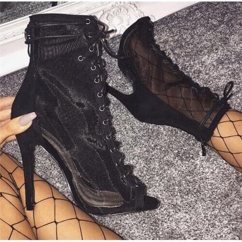 New Mesh Clear Combat Peep Toe Boots Women Back Zipper Lace Up Ankle Boot Sexy Thin High Heels Booties Sandals Summer Woman