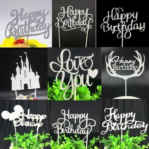 1 Pcs Various Letter Happy Birthday Love You Castle Cake Topper Flags Party Paper Glitter Cupcake Decoration