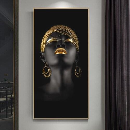 Black Woman With Golden Headdress Canvas Paintings On The Wall Posters And Prints African Girl Wall Art Canvas Pictures Cuadros