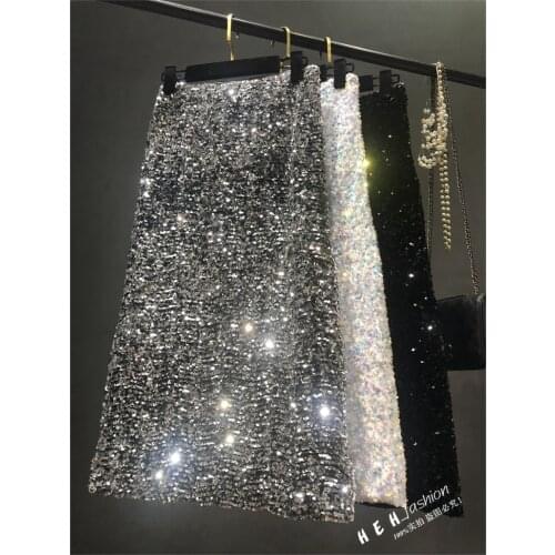 Cakucool Retro Sequined Long Skirt Shiny beading Empire a line black silver Runway trumpet Jupe Sequin