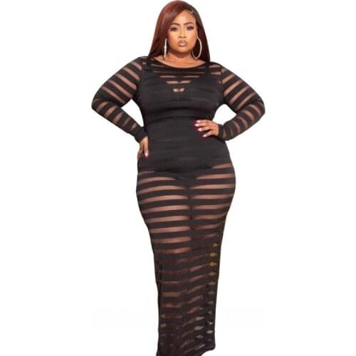 Long Pencil Dresses For Women 4XL Plus Size Without Bottoming Robes Fashion Sexy See Through Striped Clubwear Outfits Maxi Dress