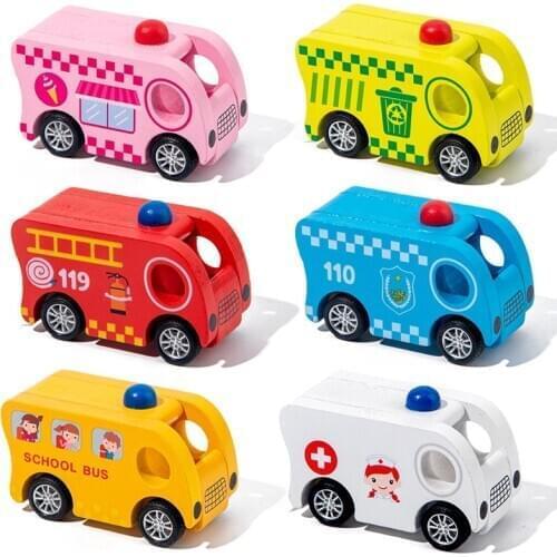 Miniature Wooden Pull Back Car Fun Toy Character Simulation Scene Theme Game Children Play House Fire Truck Car Ambulance Toy