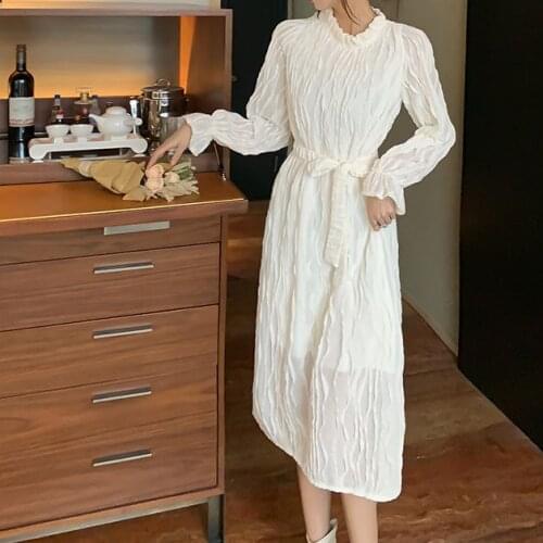 2021 summer new mid-length dress female soft wind flared sleeve dress high-waist mid-length plus velvet padded base dress