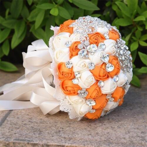 New arrived Ivory Orange Artificial Flowers rhinestone Wedding Bridal Bouquets Durable Silk Throw Wedding Bouquet Custom