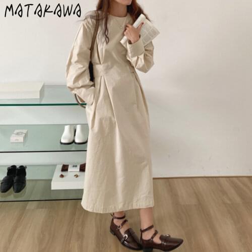 MATAKAWA Korea Chic Round Neck Bandage Dress Slim Waist Tie Wide Femme Robe Loose Casual Mid-length Split Dresses for Women
