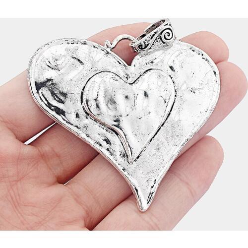 4PCS Tibetan Large Hammered Heart Carved Love Heart Shape Charms Pendants DIY Necklace Findings Jewelry Making