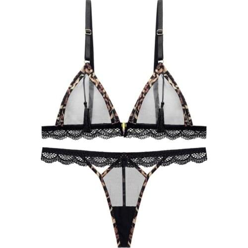 Sexy Hollow Out Lace Mesh Transparent Triangle Bra and Thongs Set Underwear Leopard Patchwork Wireless Unlined Women Lingerie