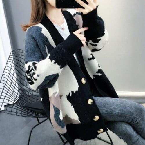 Wool Sweater Womens Cardigan 2019 Autumn Winter New Ladies Korean Sweater Coat Fashion Camouflage Hit Color Loose Jacket f2405