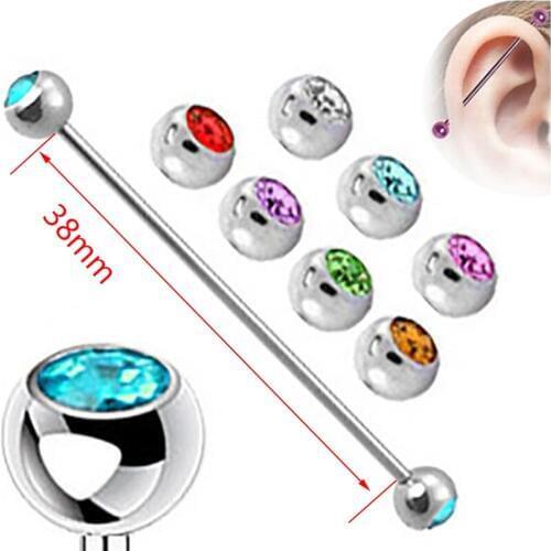 1Piece 14G Stainless Steel Long Industrial Barbell Crystal Ball Tragus Helix Ear Piercing Body Jewelry