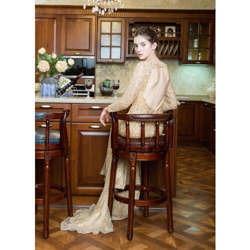 American-style solid wood bar chair. European backrest stool. Leather revolving bar chair