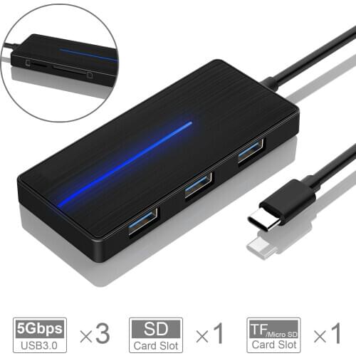 Ultra Slim Type C 3 Port USB 3.0 Data Hub Adapter+TF/SD Card +Blue LED indicator