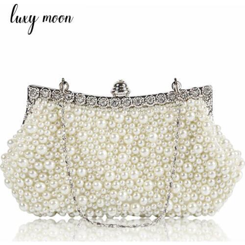 100% handmade beaded pearls evening bags elegant full dress women day clutch ivory white purse and handbags chains shoulder bag