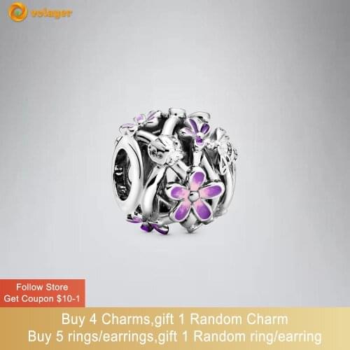 Volayer 925 Sterling Silver Openwork Purple Daisy Charm fit Original Pandora Bracelets for Women DIY Jewelry Making