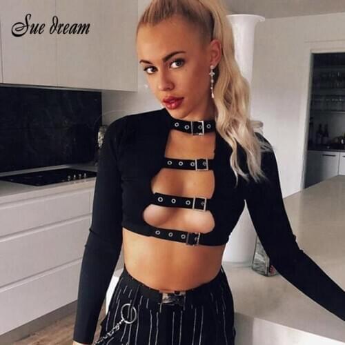 Fashion Hollow Out Tight-fitting Short Belly Button T-shirt Metal Buckle O-neck Long-sleeved Sexy Female Tide