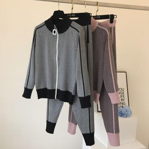 2021 Autumn Winter Matching Outfits Knit Sweater Tracksuit Set Women Two Pieces Long Sleeve Zip-up Cardigan with Sweatpants Suit