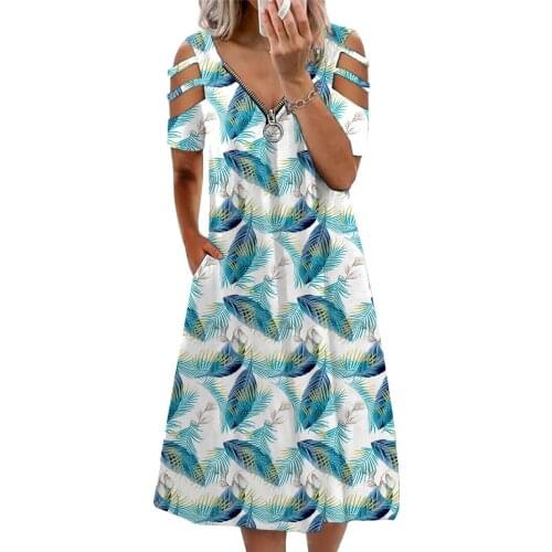 Women Summer Fashion Printing Short Sleeve Splice Hollow Out With Zipper V-Neck Off Shoulder Irregular Pockets Mid Dress Female