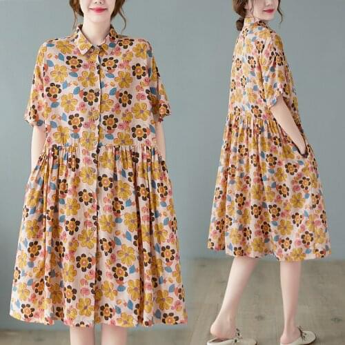 2021 New Arrival Short Sleeve Loose Women Casual Midi Summer Dress Cotton Linen Korea Style Print Floral Fashion Blouse Dress