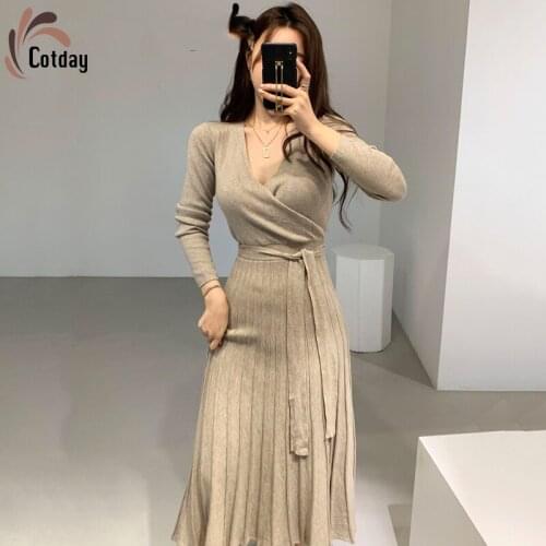 Cotday V Neck Slim Elegant Temperament French 2021 Fashion Long Koera Style High Waist Bandage Women Full Knitted Pleated Dress