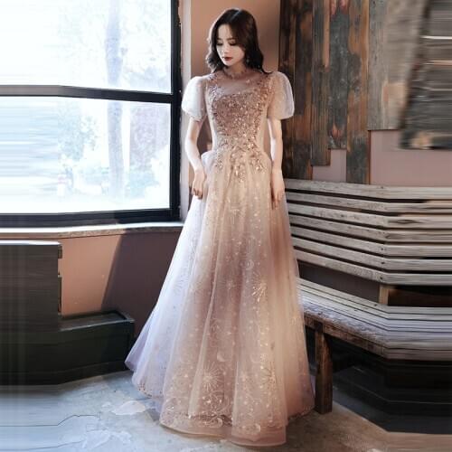 New High Neck Evening Dress Sequins Short Sleeves Pleat A-Line Floor-Length Elegant Tulle Champagne Woman Formal Party Gown A577