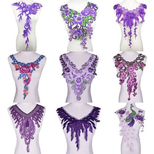 1 Pc Purple Embroidery Neckline Collar Venise Lace Flowers Neckline Applique Trim, Lace Fabric Sewing Supplies