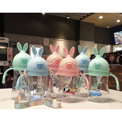 280/380ml Rabbit Baby Feeding Bottle Straw Cup With Strap BPA Free Children Feeding Drinking Handle Kids Water Training Cup