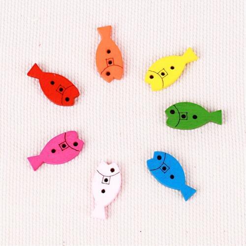 60pcs Mixed Color Wood Fish Buttons Natural For Scrapbooking Accessories 9*20mm Flatback Oval Eyelet Kids Doll Clothes 2 Holes