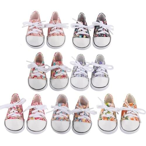 Doll Accessories 7.5 cm Doll Shoes With Cute Printed Canvas Shoes 7 Styles Snekers For 18 Inch American Dolls Girls