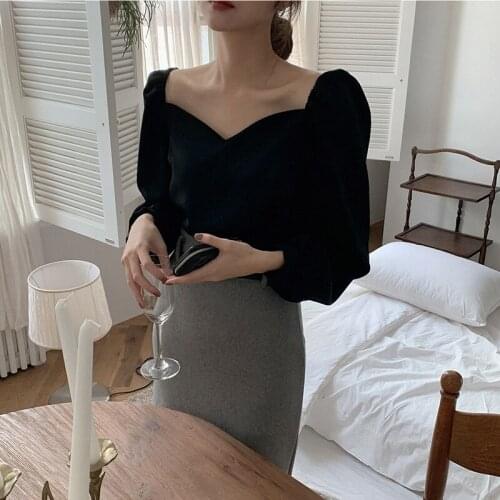 Sqaure Collar Black Blouse Women Spring Cotton Korean Shirts Tops Long Sleeve Elegant Loose Zipper Backless Vintage Sexy Office