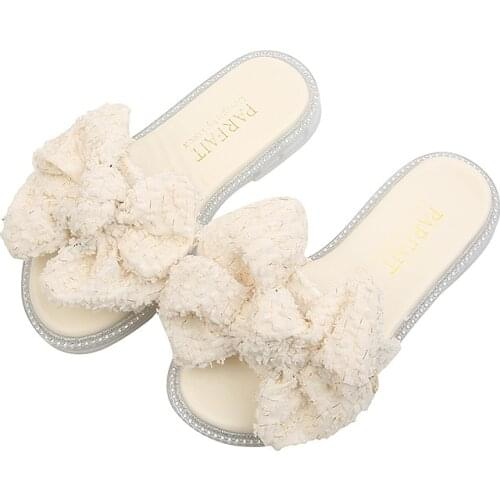 Childrens Slippers 2021 Summer New Girls Bow Shiny Big Childrens One-word Slippers Girls Princess Soft Sole Slippers 26-36