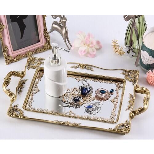 European court retro made ivory white palace wind carved pale golden mirror tray
