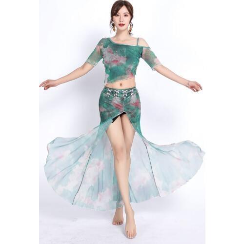 Tie-dyed Floral 2020 Women Class Wear Off-shoulder Top and Skirt Side Slit Belly Dance Costume Set for Girls