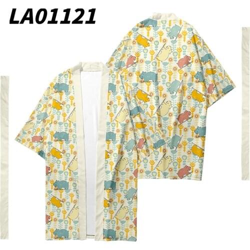 Oversize 6XL Floral Hippo Printed Long Style Japanese Kimono Cardigan With Belt Couple Women Men Casual Asian Clothes Harajuku