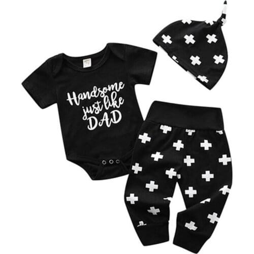 3pcs Baby Boys Summer Clothes Set Letter Print Short Sleeve Romper Tops + Long Pants Leggings Hat Outfit Clothes Set