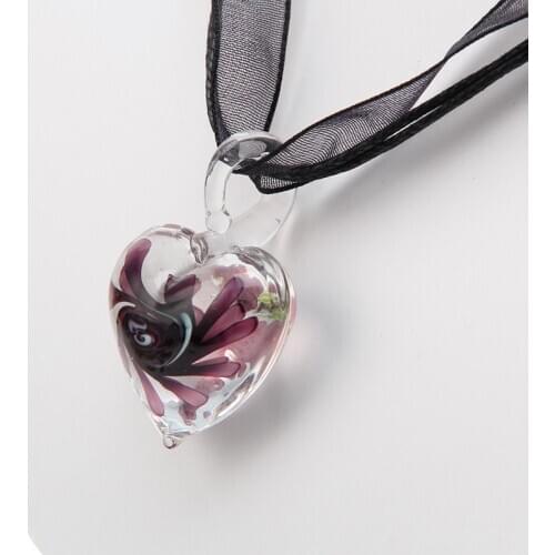 Murano Glass Pendant Necklace Purple Heart Flowers Ribbon Chain