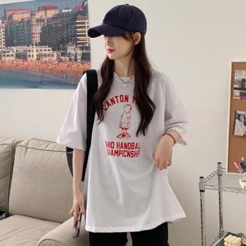 Summer college style letter printing half-sleeved mid-length loose cotton T-shirt all-match casual women
