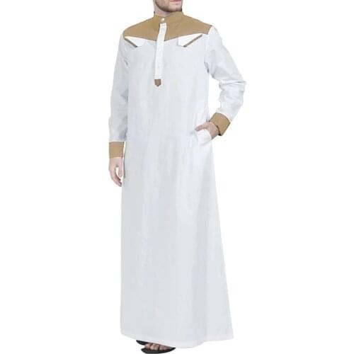 Mens Muslim Stand-up Collar Door Tube Splicing Robe Casual Southeast Asian Ethnic Style Solid Color Long-sleeved Robe S-3XL