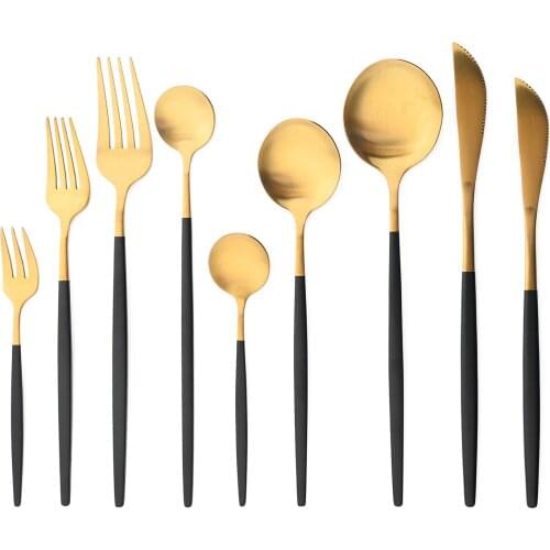 JANKNG Matte Black Gold Dinnerware Set Stainless Steel Cutlery Home Dessert Fork Spoon Knife Dinner Set Silverware Flatware Set