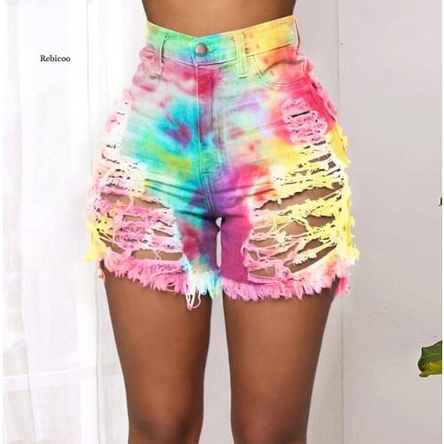 New Women Summer Ripped Shorts Jeans Fashion Trendy Tie Dye Denim Shorts Street Hipster Shorts Plus Size Clothing