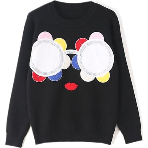 Autumn Sun Flower Sweater Pull Femme Jumpers Sunglass Glitter Stone Well Made Blusas Kawaii Fashion Style Feminina Pullovers Top