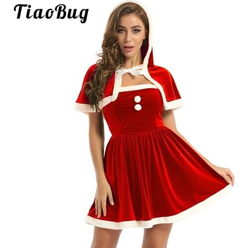 TiaoBug Women Christmas Reindeer Costume Soft Velvet Knee Length Dress with Hooded Cape Outfit Xmas Holiday Theme Party Dress up